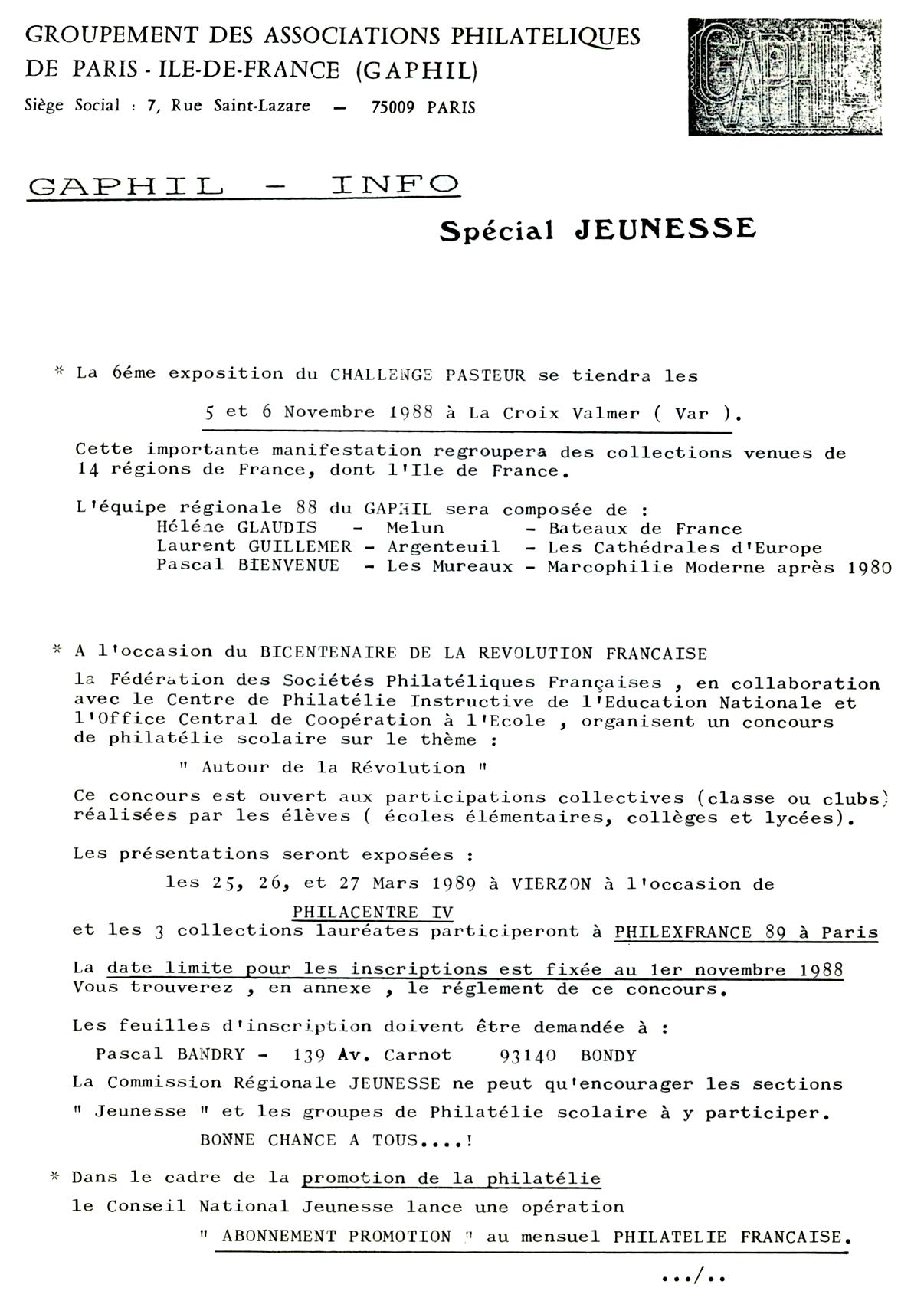 GAPHIL Info Spécial Jeunesse n°01 d'octobre 1988.